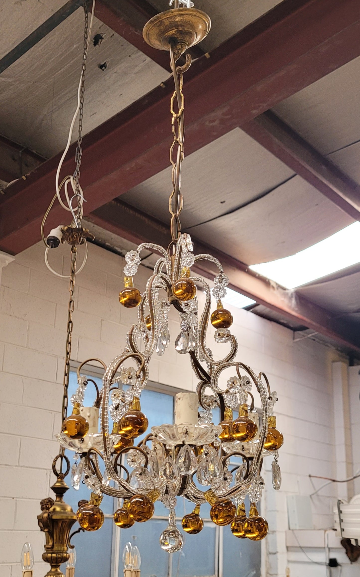 Lovely French Petit Amber & Clear Glass Chandelier