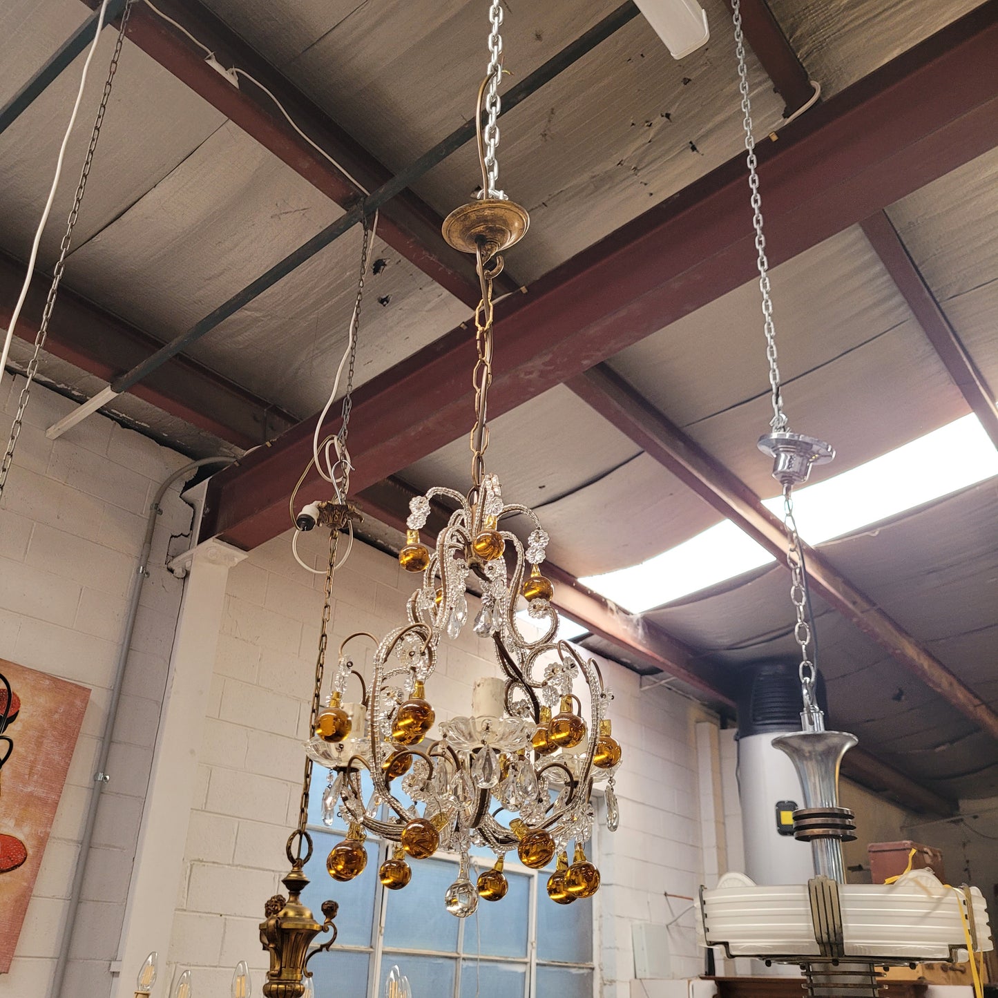 Lovely French Petit Amber & Clear Glass Chandelier