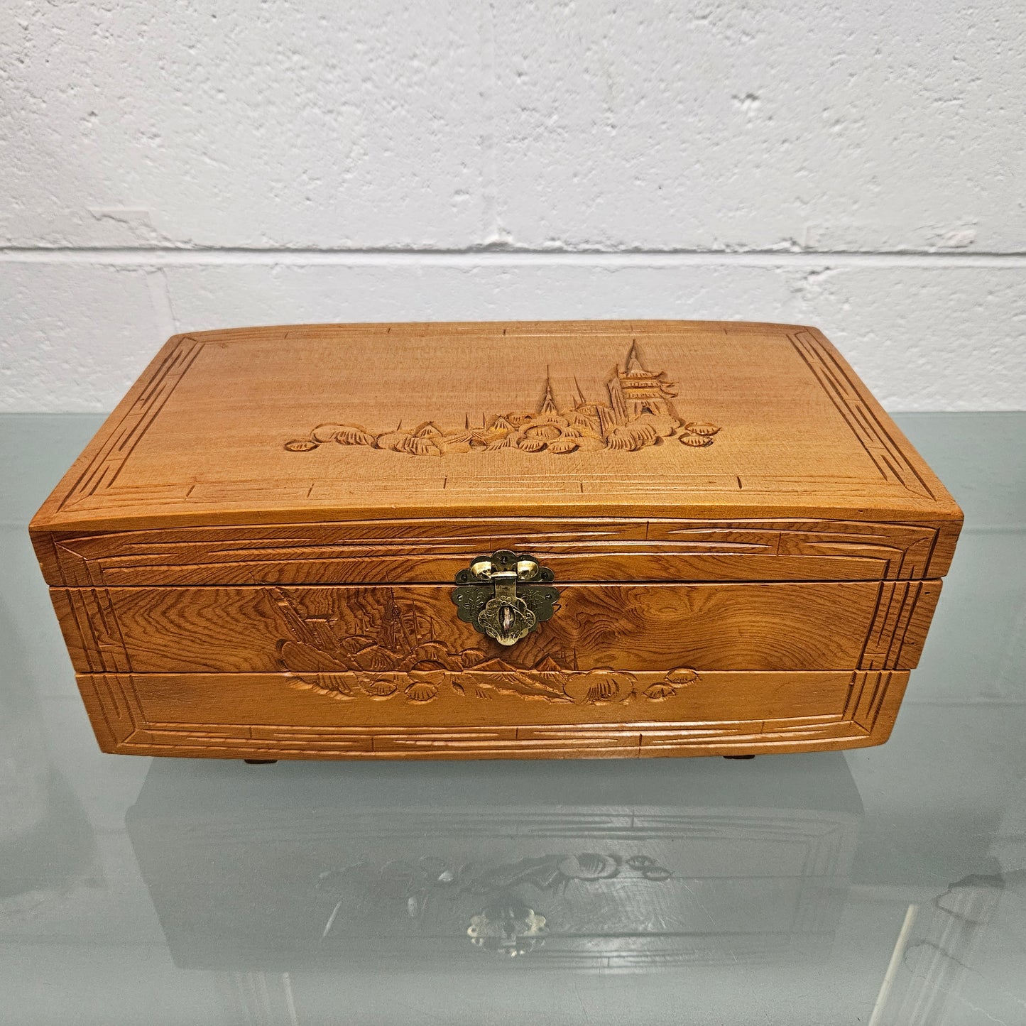 Vintage Chinese Carved Maple 2 sectional Jewellery Box with brass latch. Please see photos as they form part of the description.