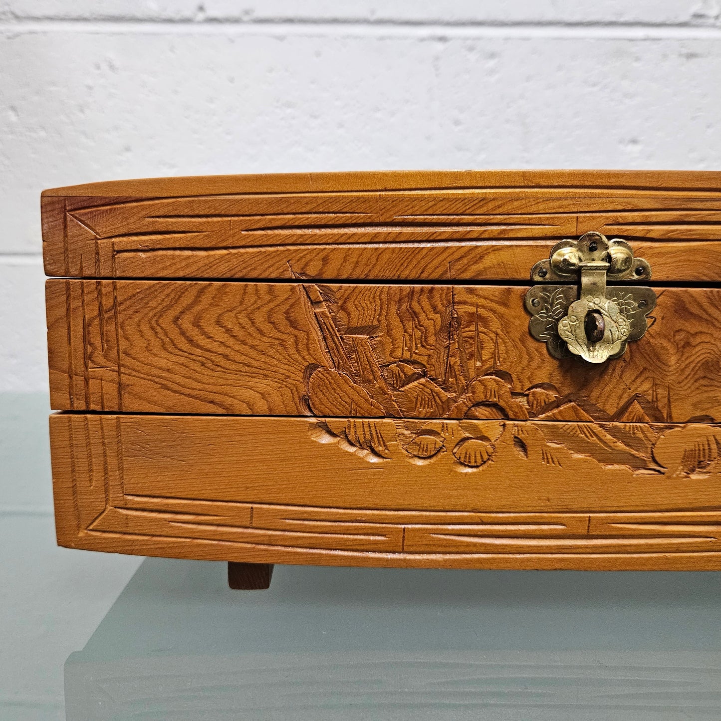 Vintage Chinese Carved Maple 2 sectional Jewellery Box with brass latch. Please see photos as they form part of the description.