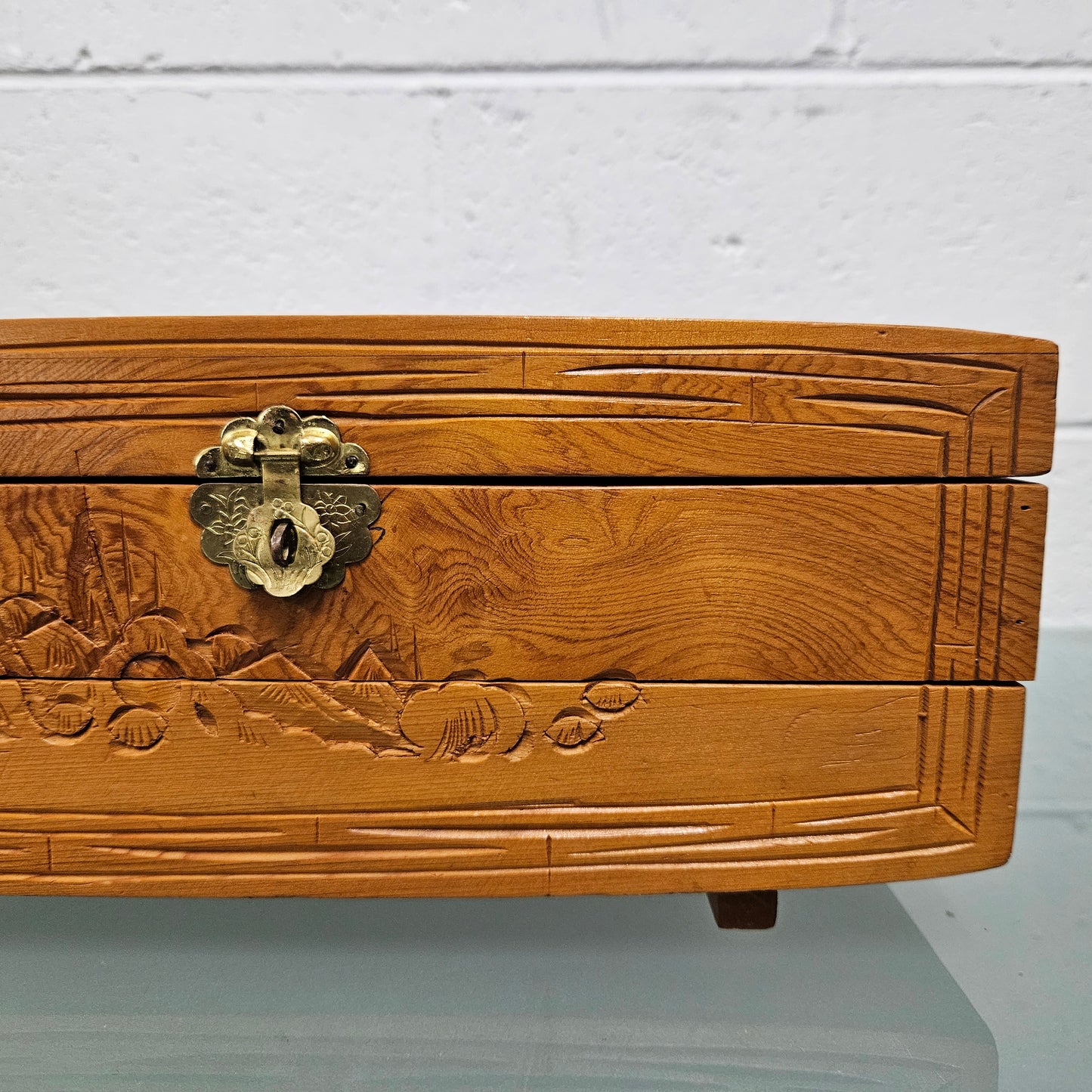 Vintage Chinese Carved Maple 2 sectional Jewellery Box with brass latch. Please see photos as they form part of the description.