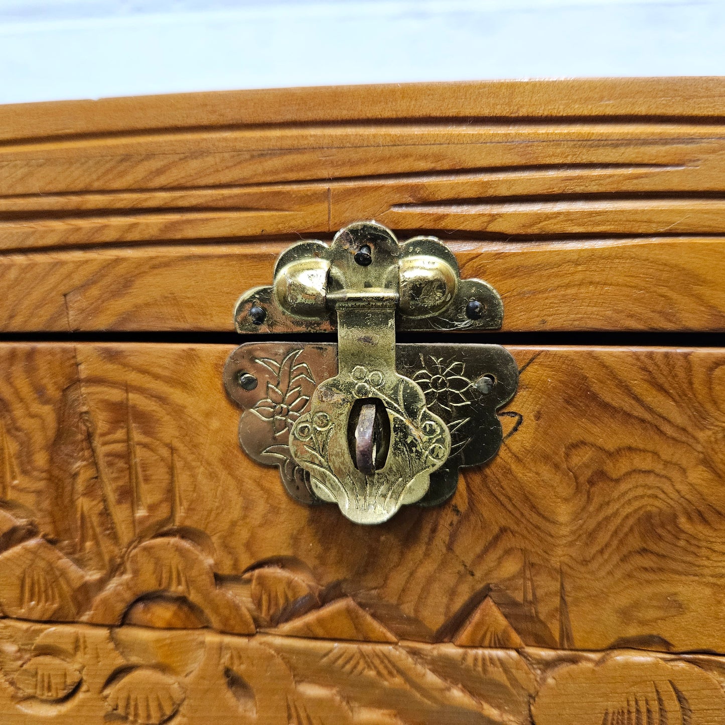 Vintage Chinese Carved Maple 2 sectional Jewellery Box with brass latch. Please see photos as they form part of the description.