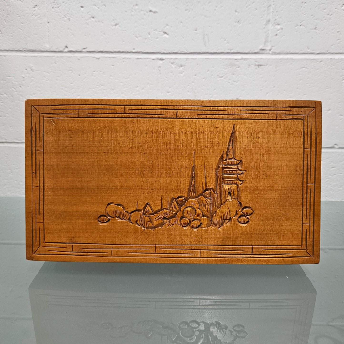 Vintage Chinese Carved Maple 2 sectional Jewellery Box with brass latch. Please see photos as they form part of the description.