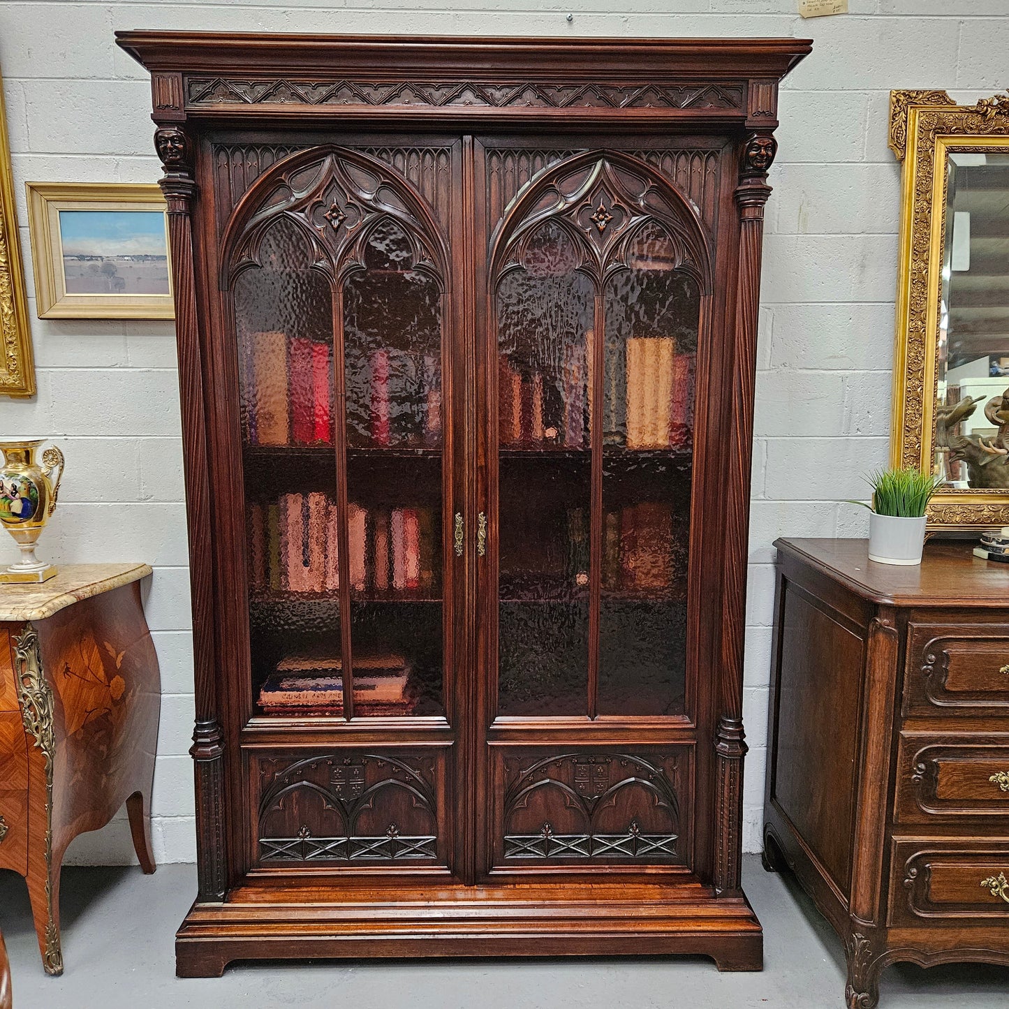 Amazing 19th Century French Walnut Gothic Style Two Door Bookcase
