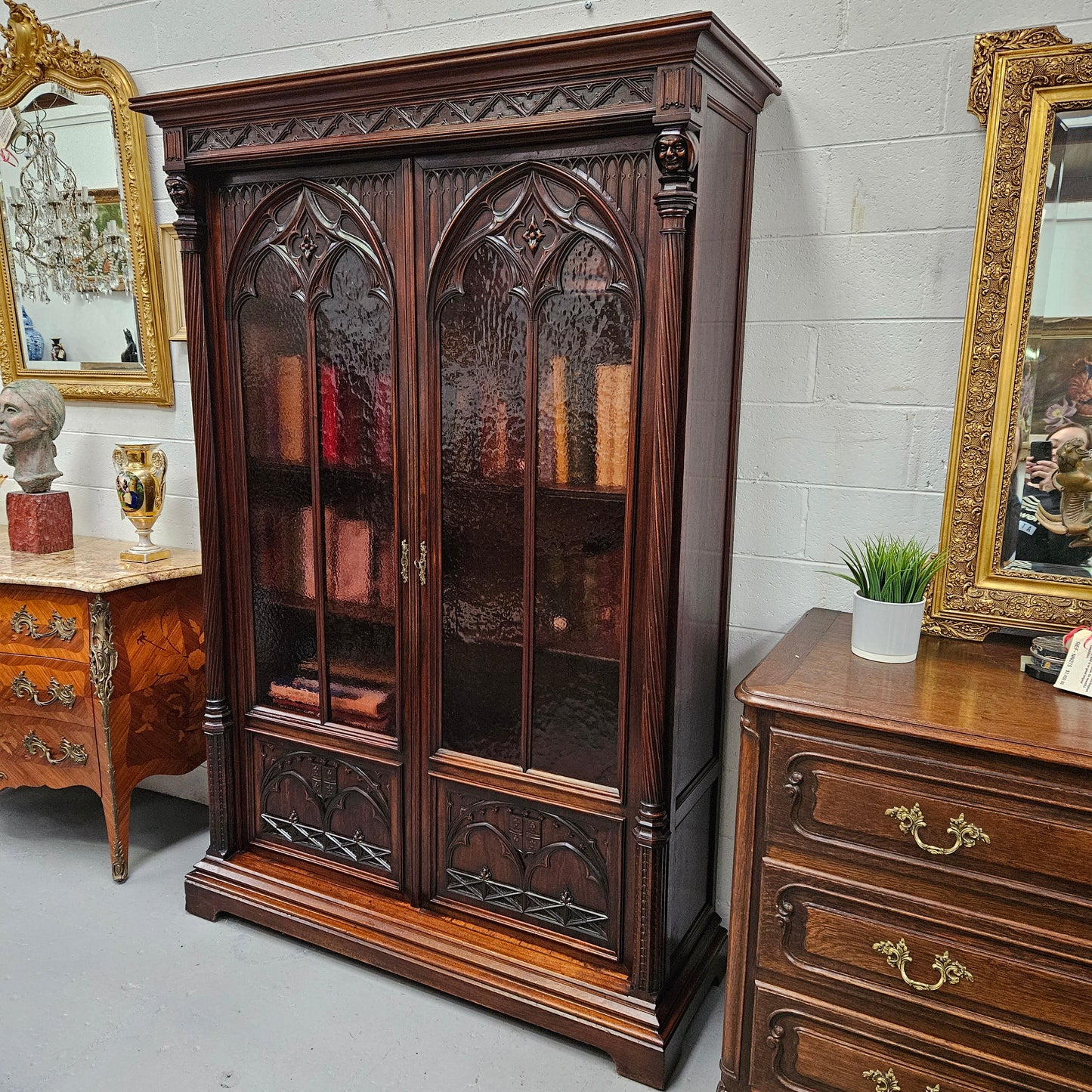 Amazing 19th Century French Walnut Gothic Style Two Door Bookcase