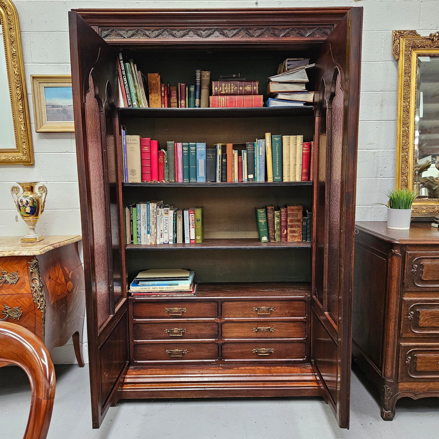Amazing 19th Century French Walnut Gothic Style Two Door Bookcase