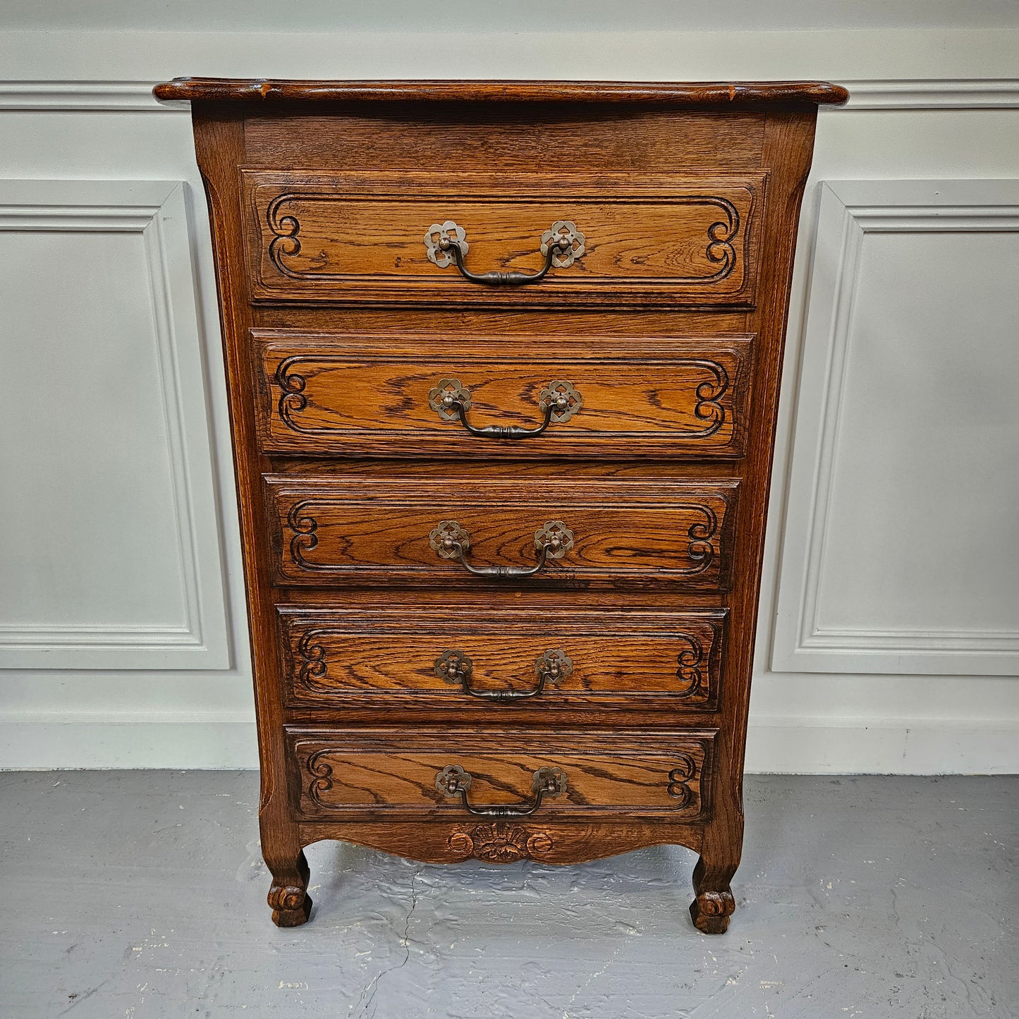 French Provincial Five Drawer Oak Chest Of Drawers