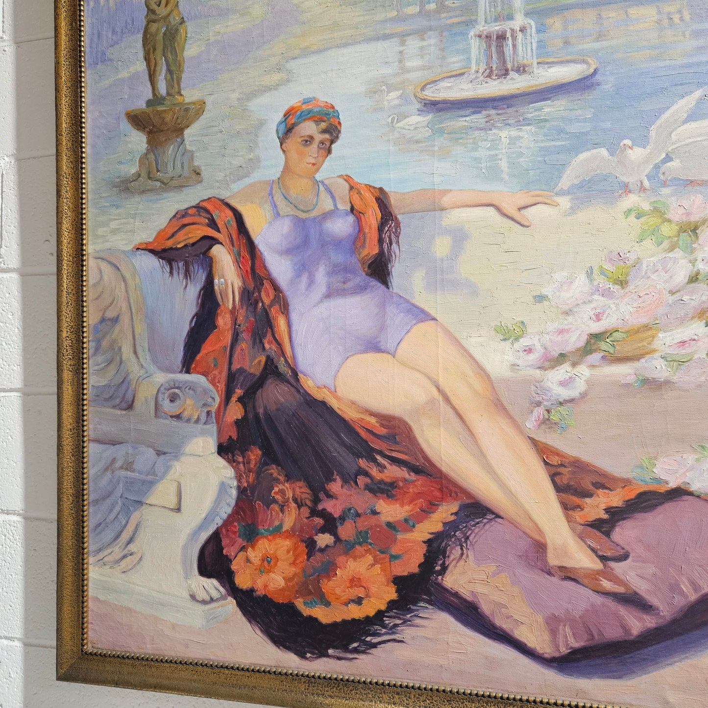 Art Deco Oil On Canvas Of Lounging Lady Signed