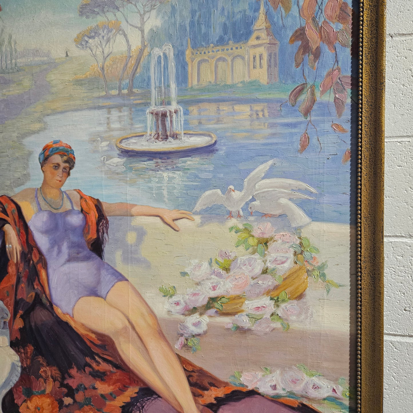 Art Deco Oil On Canvas Of Lounging Lady Signed