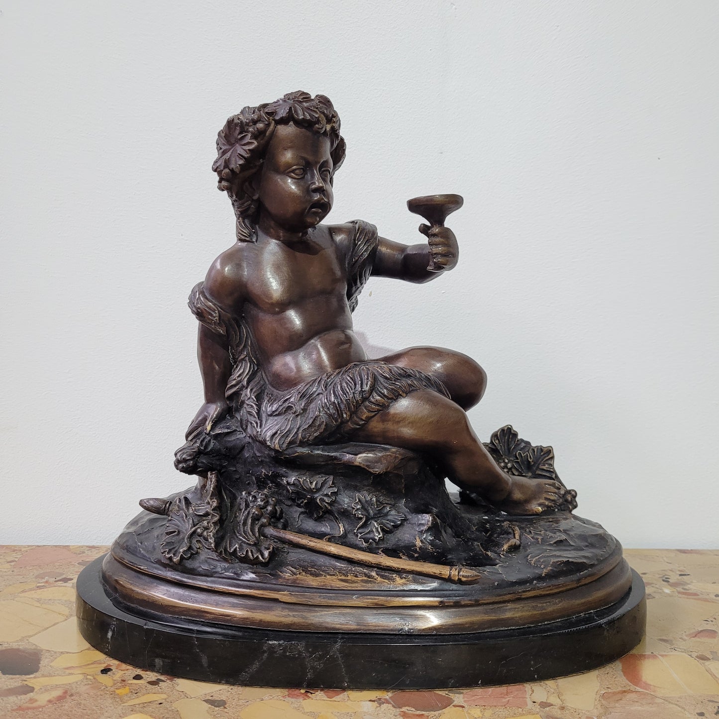 Signed Egisto Rossi Bronze Bacchus Child Holding Chalice