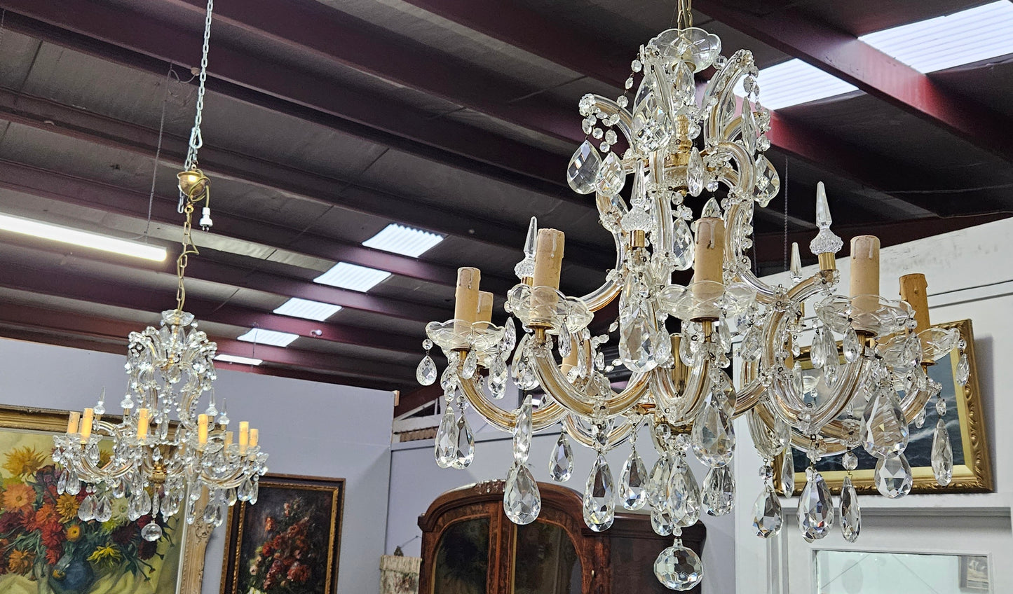 Matching Pair Of Antique French Ten Arm Crystal And Bronze Chandeliers