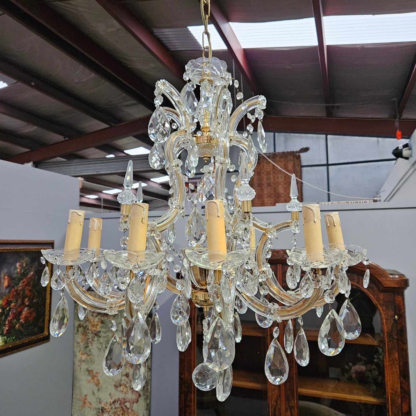 Matching Pair Of Antique French Ten Arm Crystal And Bronze Chandeliers