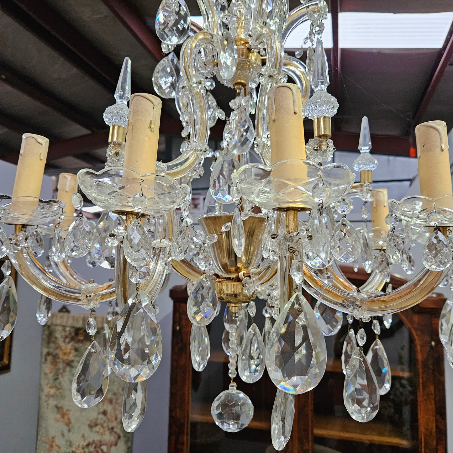 Matching Pair Of Antique French Ten Arm Crystal And Bronze Chandeliers