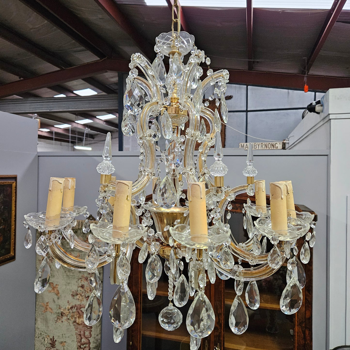 Matching Pair Of Antique French Ten Arm Crystal And Bronze Chandeliers