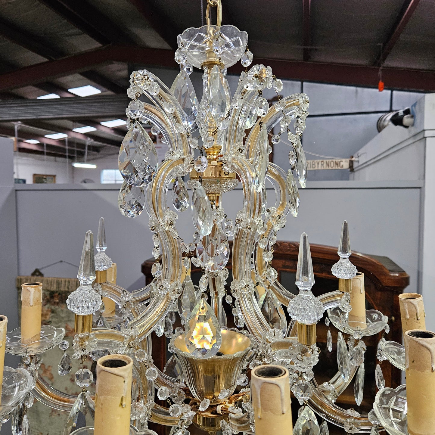Matching Pair Of Antique French Ten Arm Crystal And Bronze Chandeliers