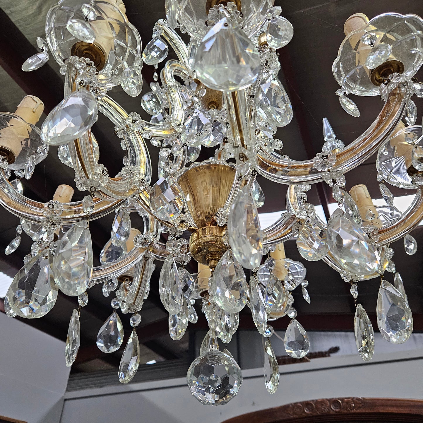 Matching Pair Of Antique French Ten Arm Crystal And Bronze Chandeliers