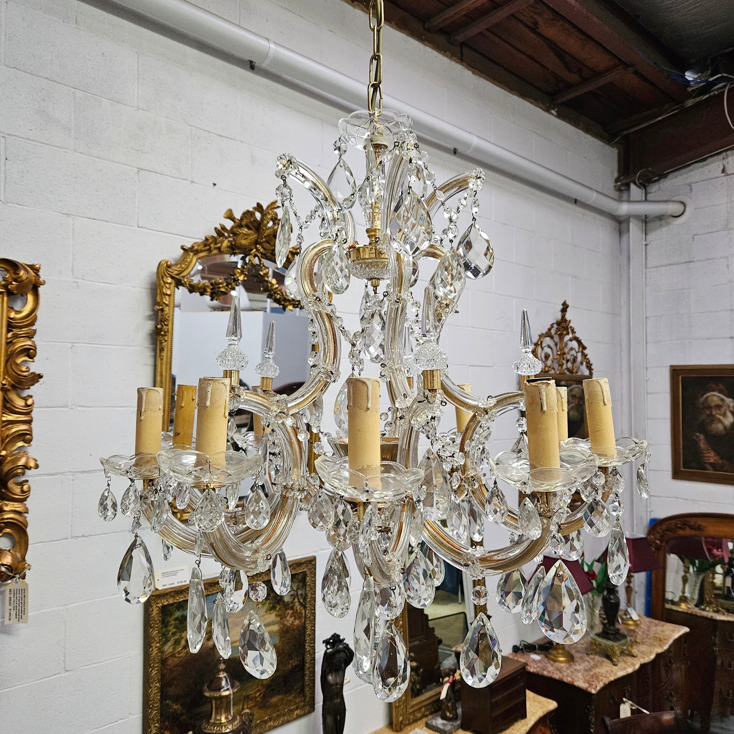Matching Pair Of Antique French Ten Arm Crystal And Bronze Chandeliers