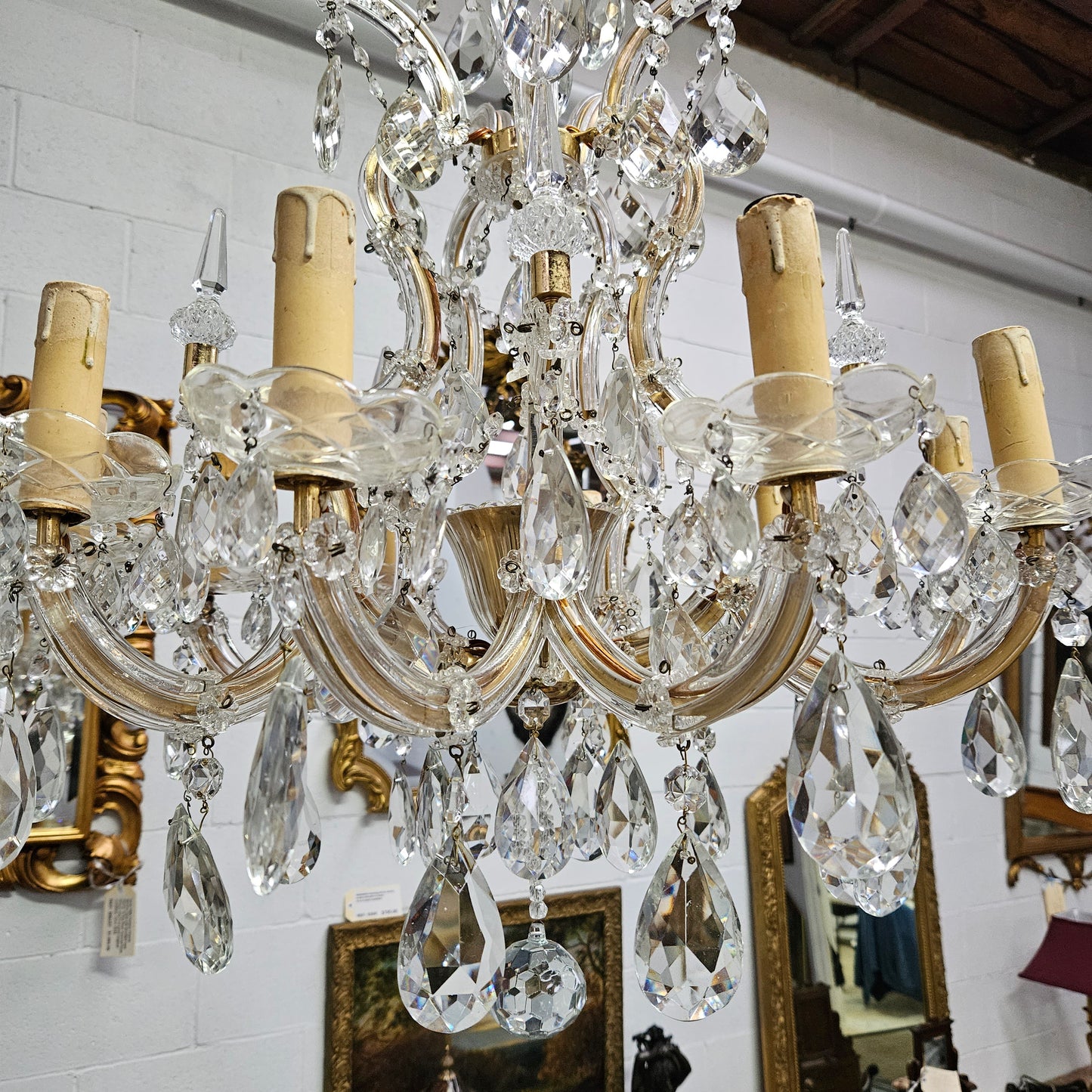 Matching Pair Of Antique French Ten Arm Crystal And Bronze Chandeliers