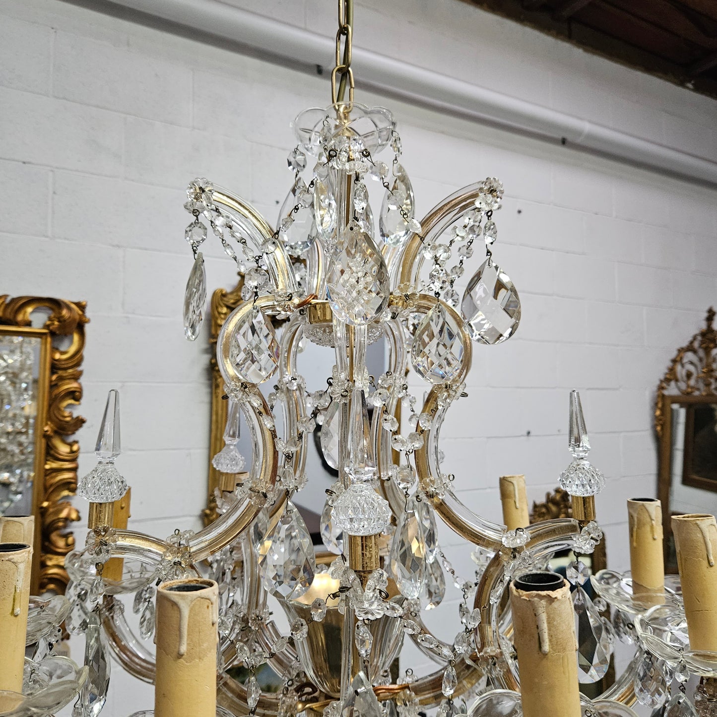 Matching Pair Of Antique French Ten Arm Crystal And Bronze Chandeliers