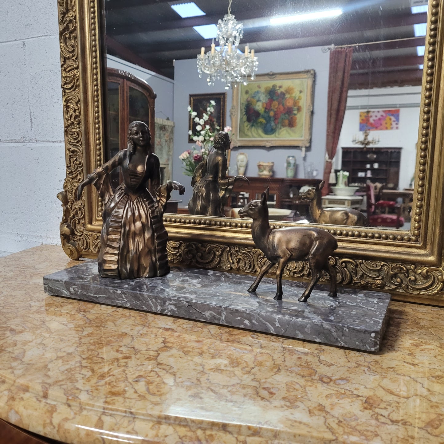 Art Deco Gilt Metal Lady & Deer Statue on Marble Base