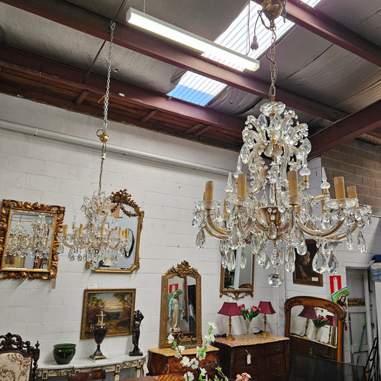 Matching Pair Of Antique French Ten Arm Crystal And Bronze Chandeliers