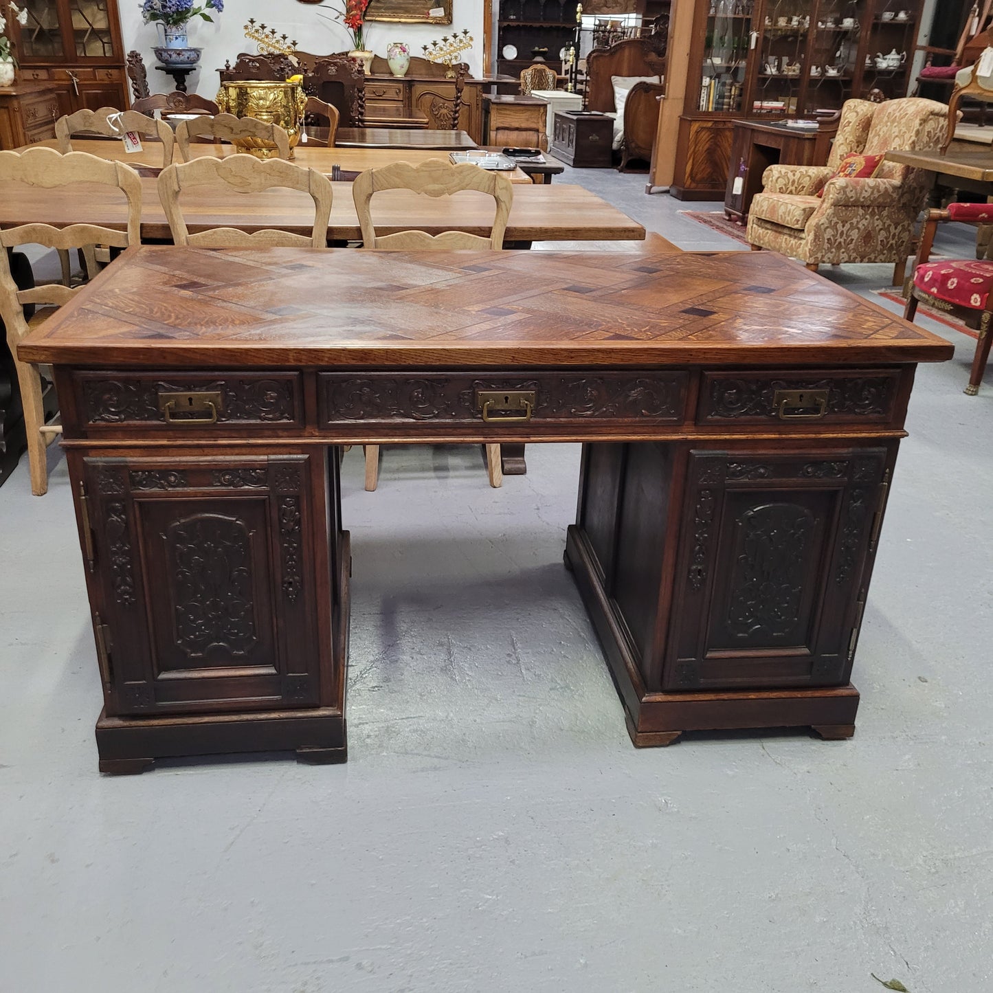 French Oak Gothic Style Parquetry Top Desk