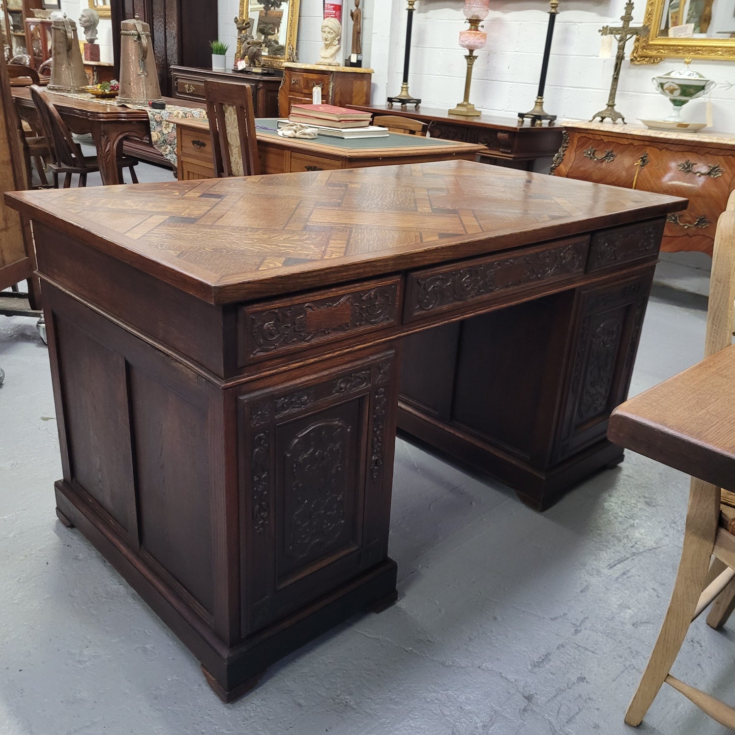 French Oak Gothic Style Parquetry Top Desk