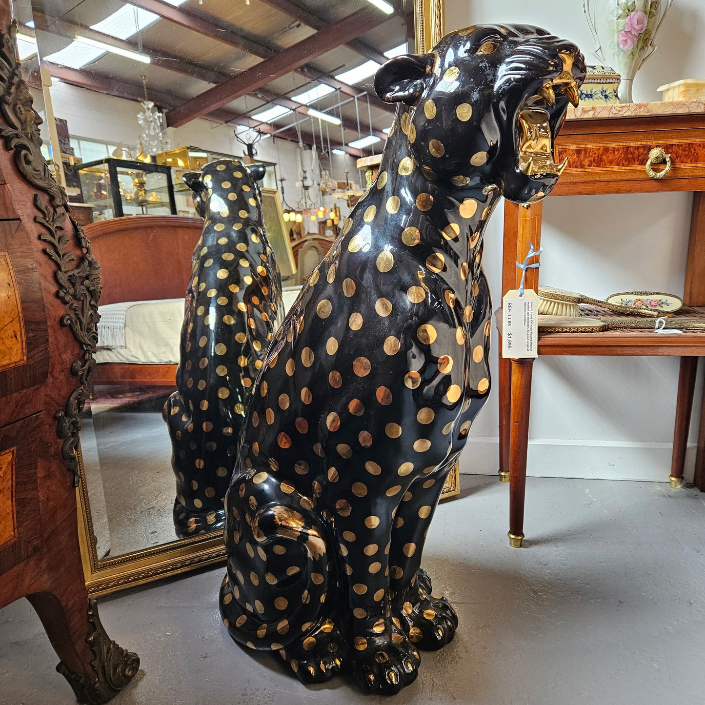 Imposing Black and Gold Italian Ceramic Roaring Leopard