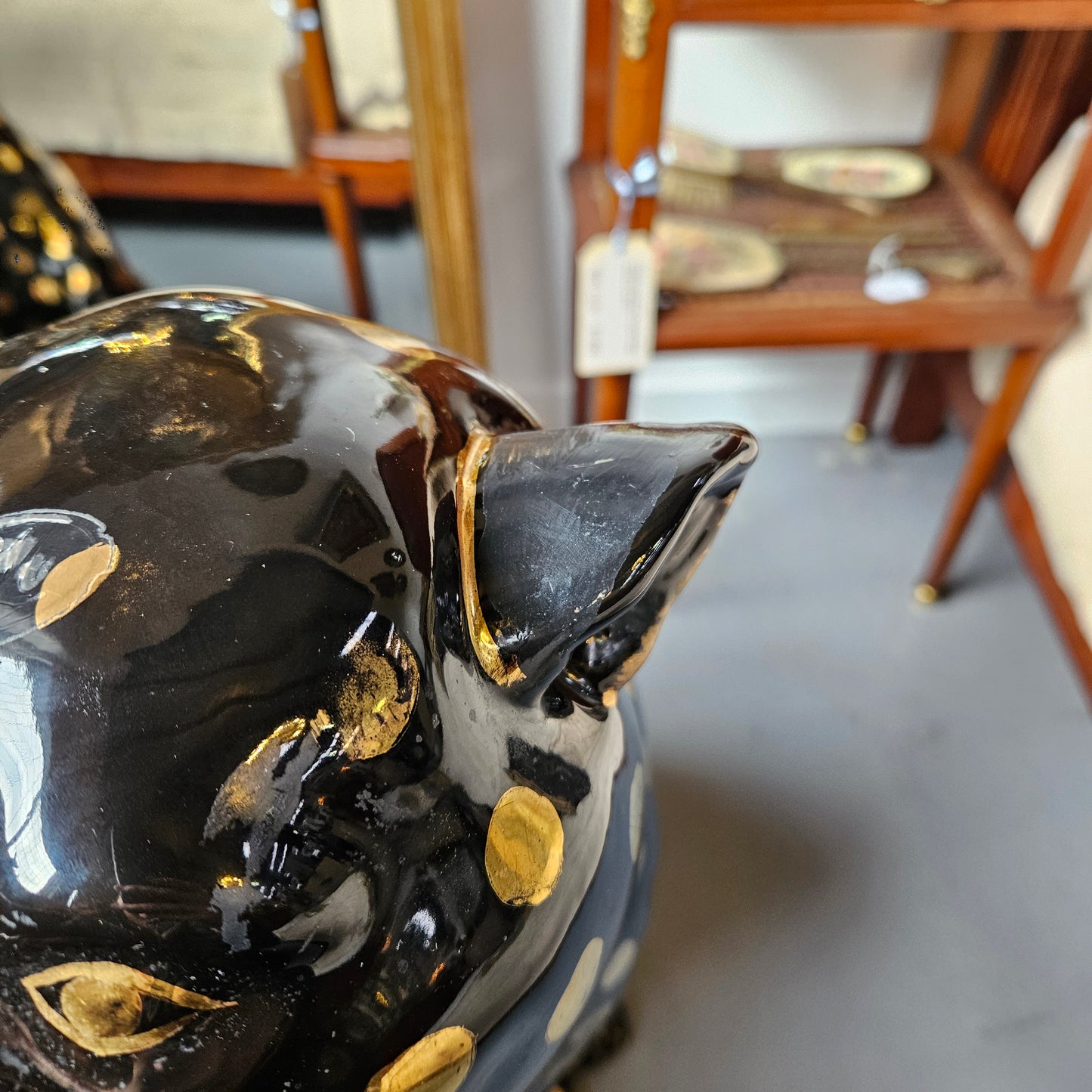 Imposing Black and Gold Italian Ceramic Roaring Leopard