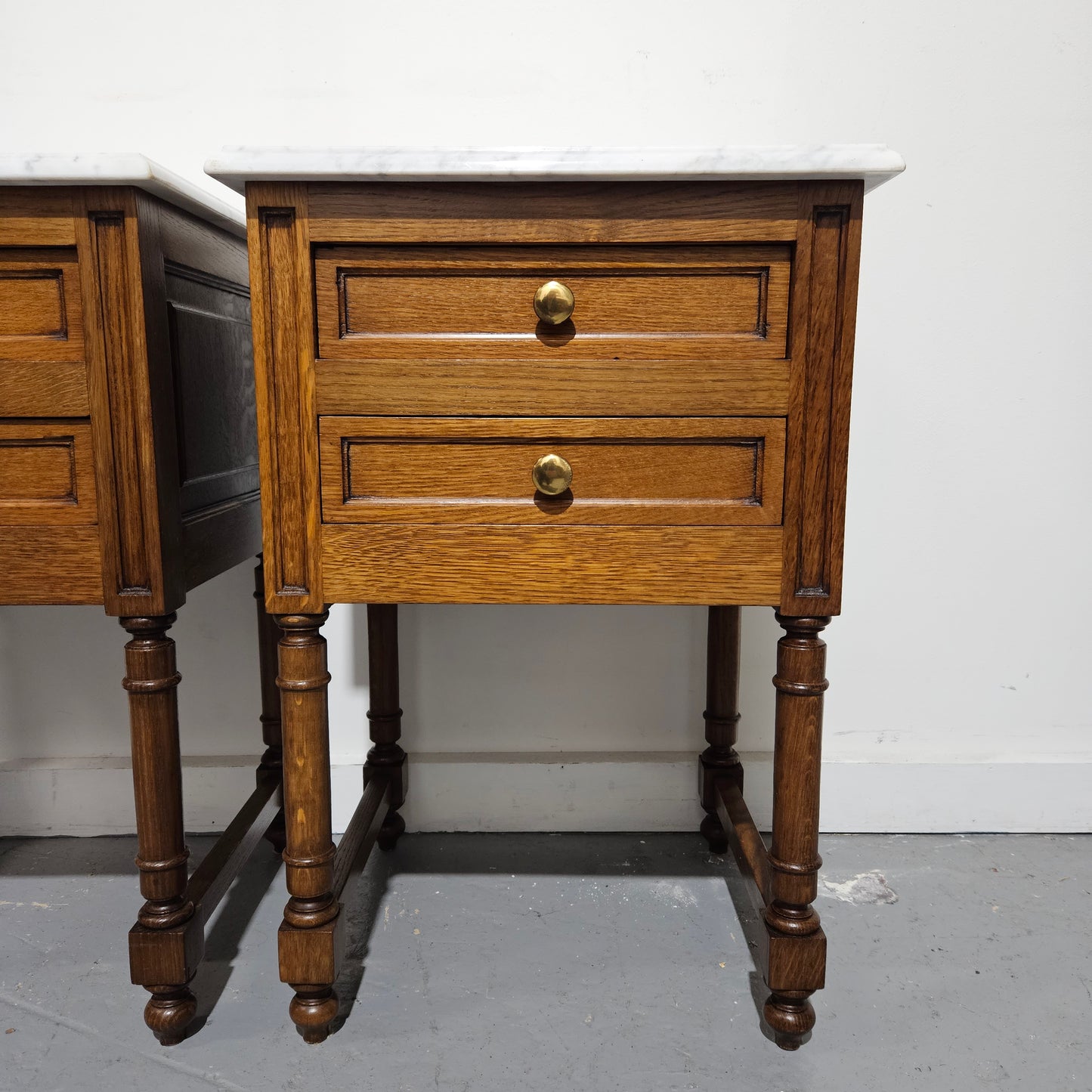Pair French Oak Henry II Style Marble Top Low Bedsides