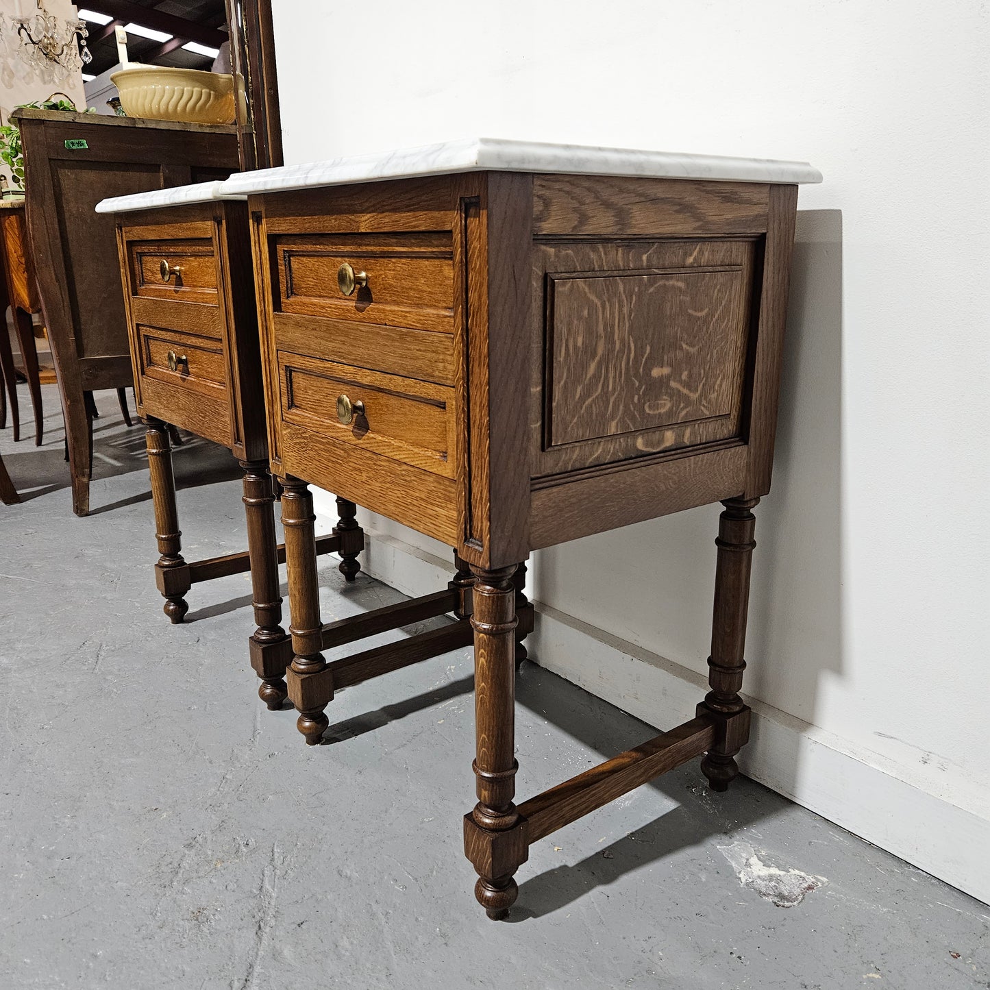 Pair French Oak Henry II Style Marble Top Low Bedsides
