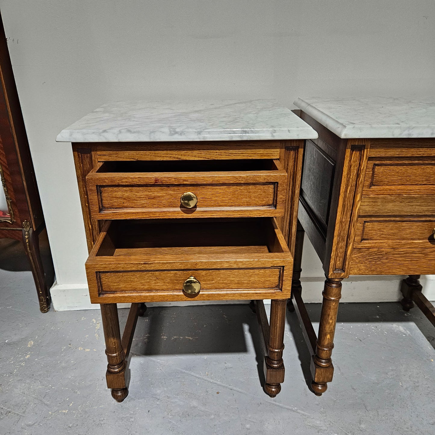 Pair French Oak Henry II Style Marble Top Low Bedsides