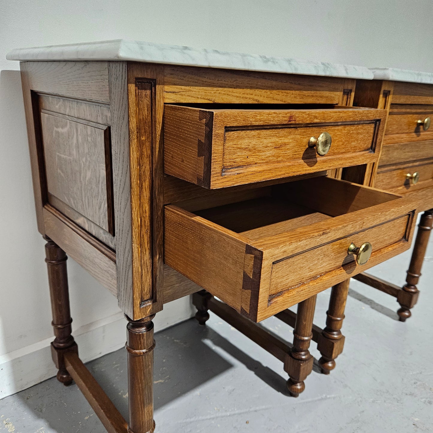 Pair French Oak Henry II Style Marble Top Low Bedsides