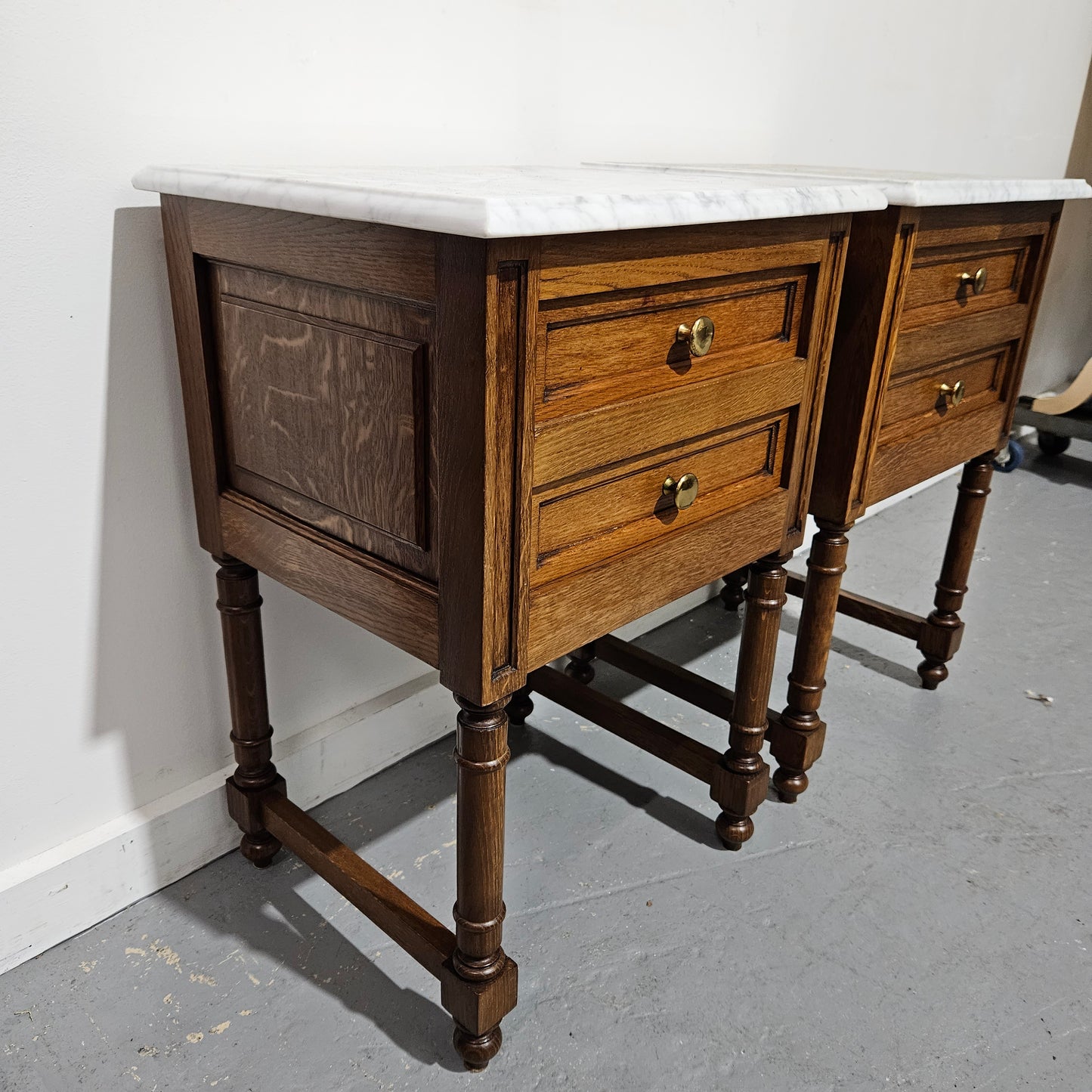 Pair French Oak Henry II Style Marble Top Low Bedsides
