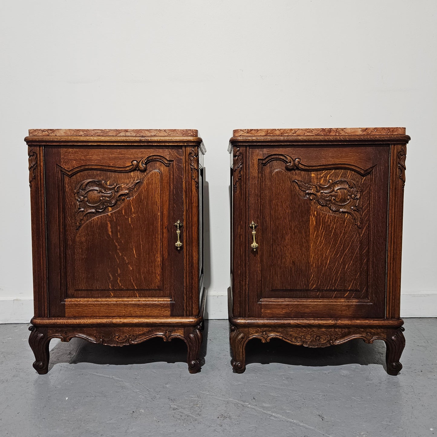 Pair of Louis XV Style French Oak One Door Marble Top Bedsides