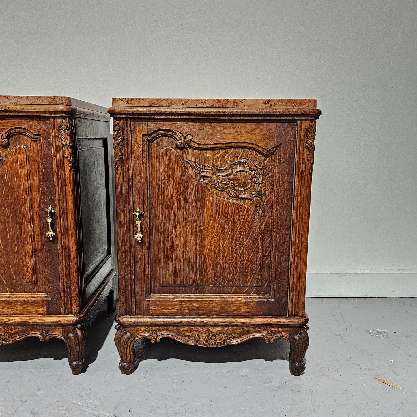 Pair of Louis XV Style French Oak One Door Marble Top Bedsides