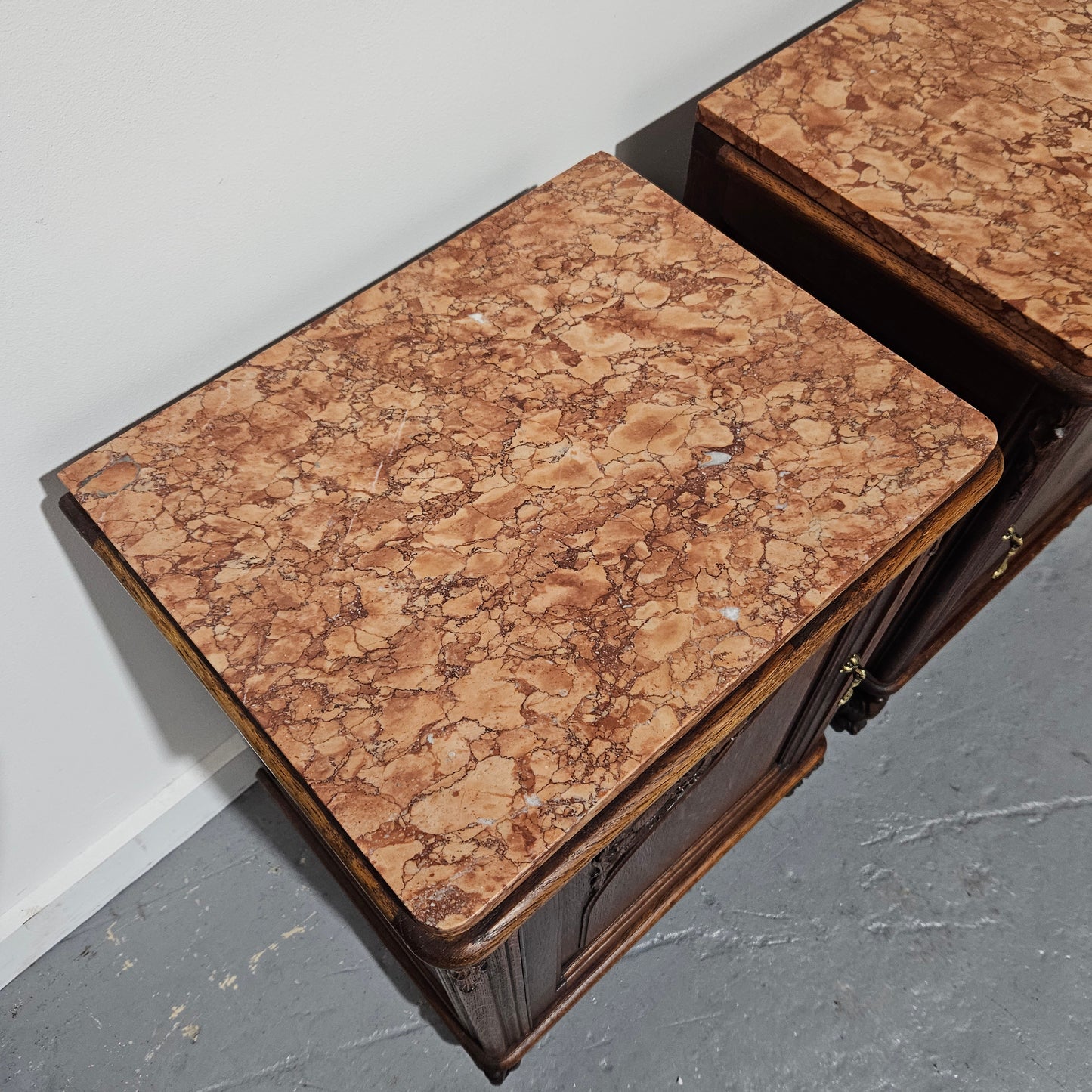 Pair of Louis XV Style French Oak One Door Marble Top Bedsides