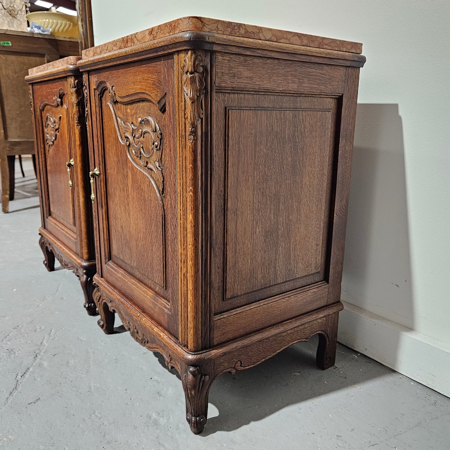 Pair of Louis XV Style French Oak One Door Marble Top Bedsides