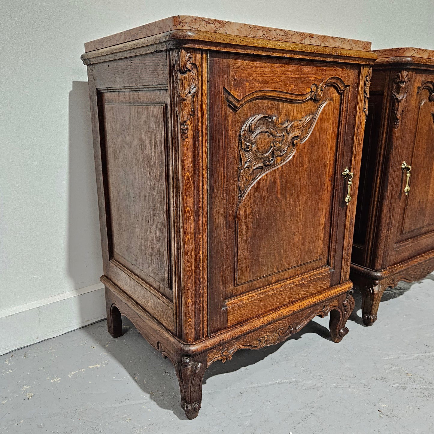 Pair of Louis XV Style French Oak One Door Marble Top Bedsides
