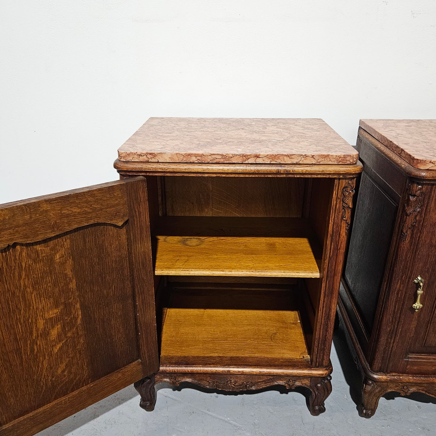 Pair of Louis XV Style French Oak One Door Marble Top Bedsides