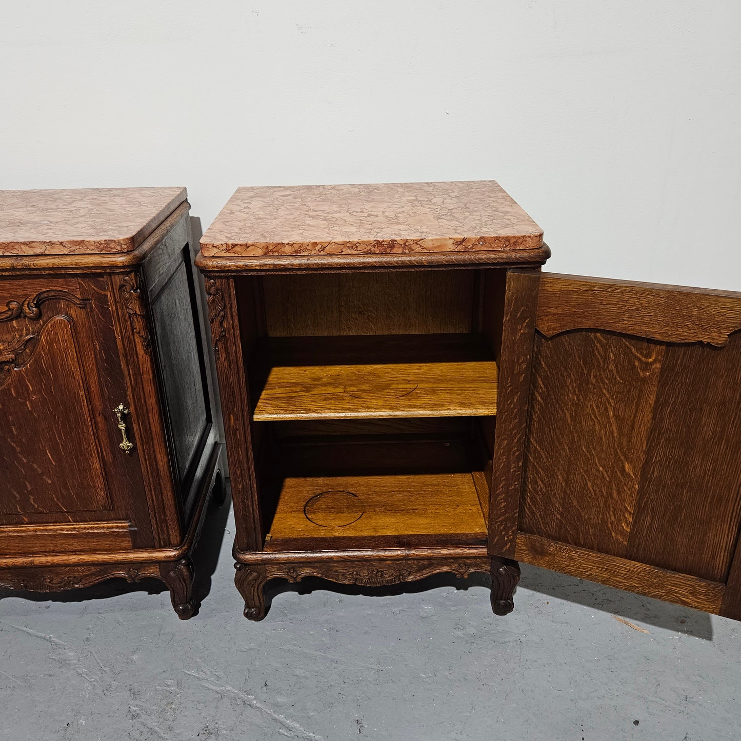 Pair of Louis XV Style French Oak One Door Marble Top Bedsides