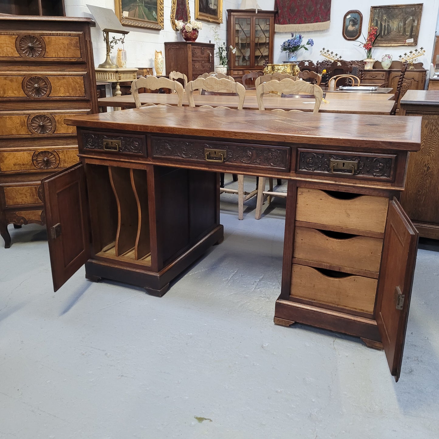 French Oak Gothic Style Parquetry Top Desk