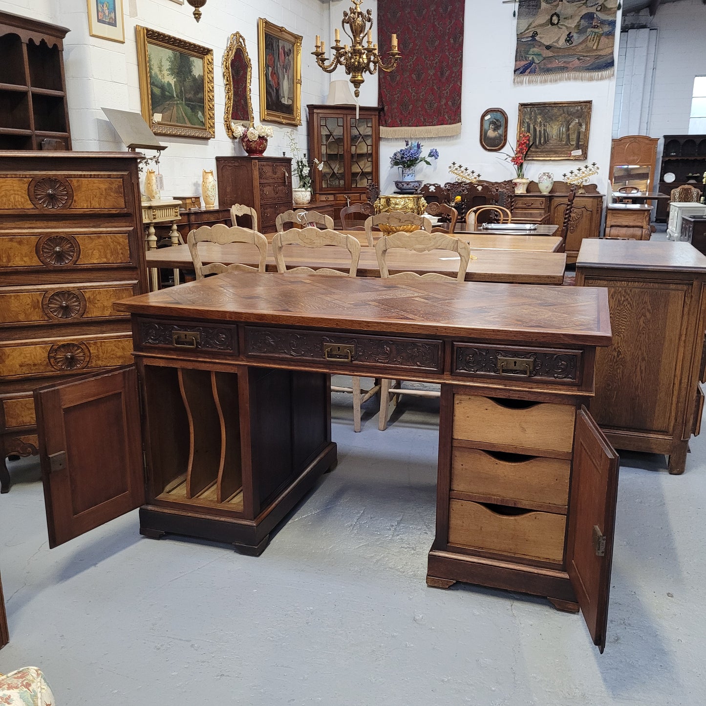 French Oak Gothic Style Parquetry Top Desk