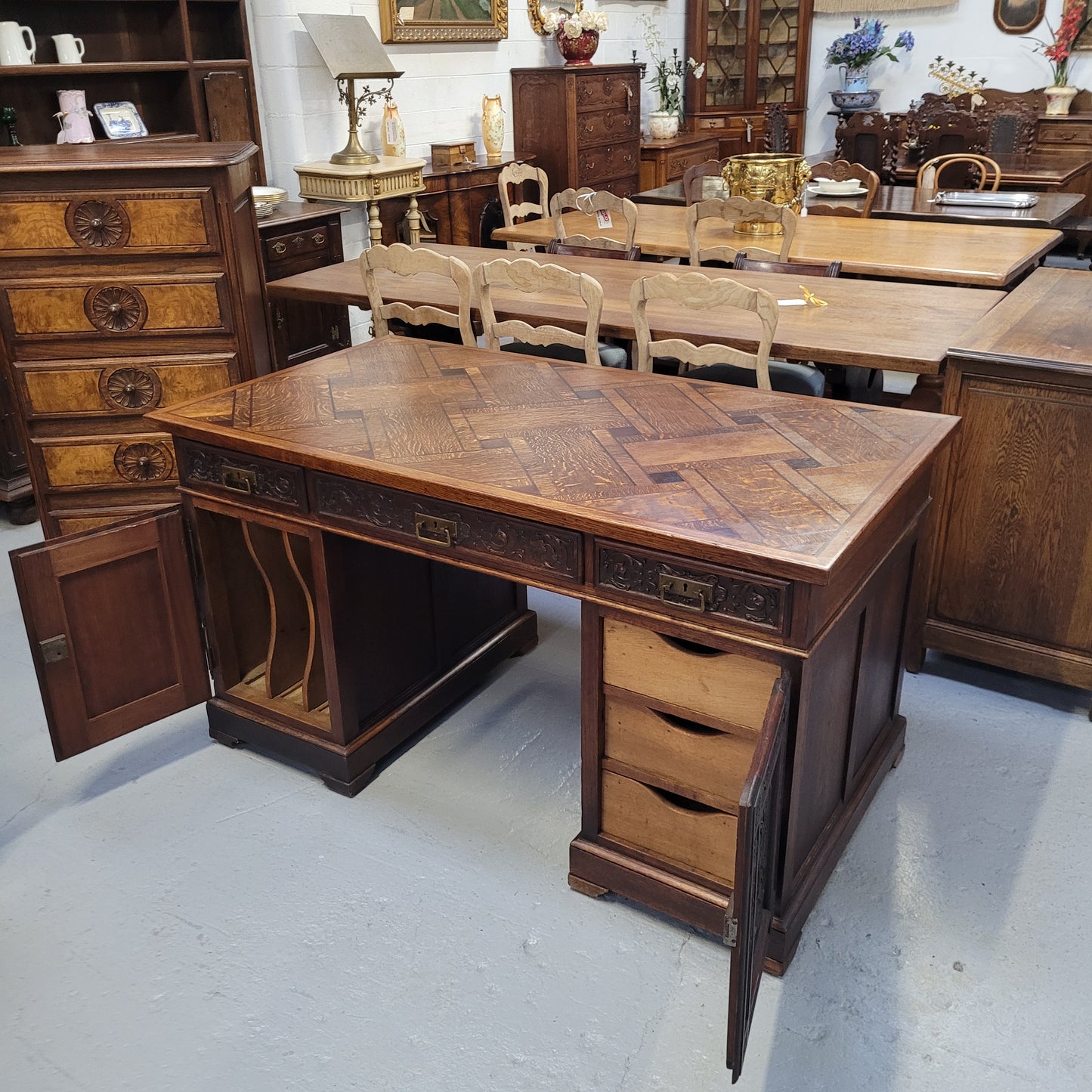 French Oak Gothic Style Parquetry Top Desk