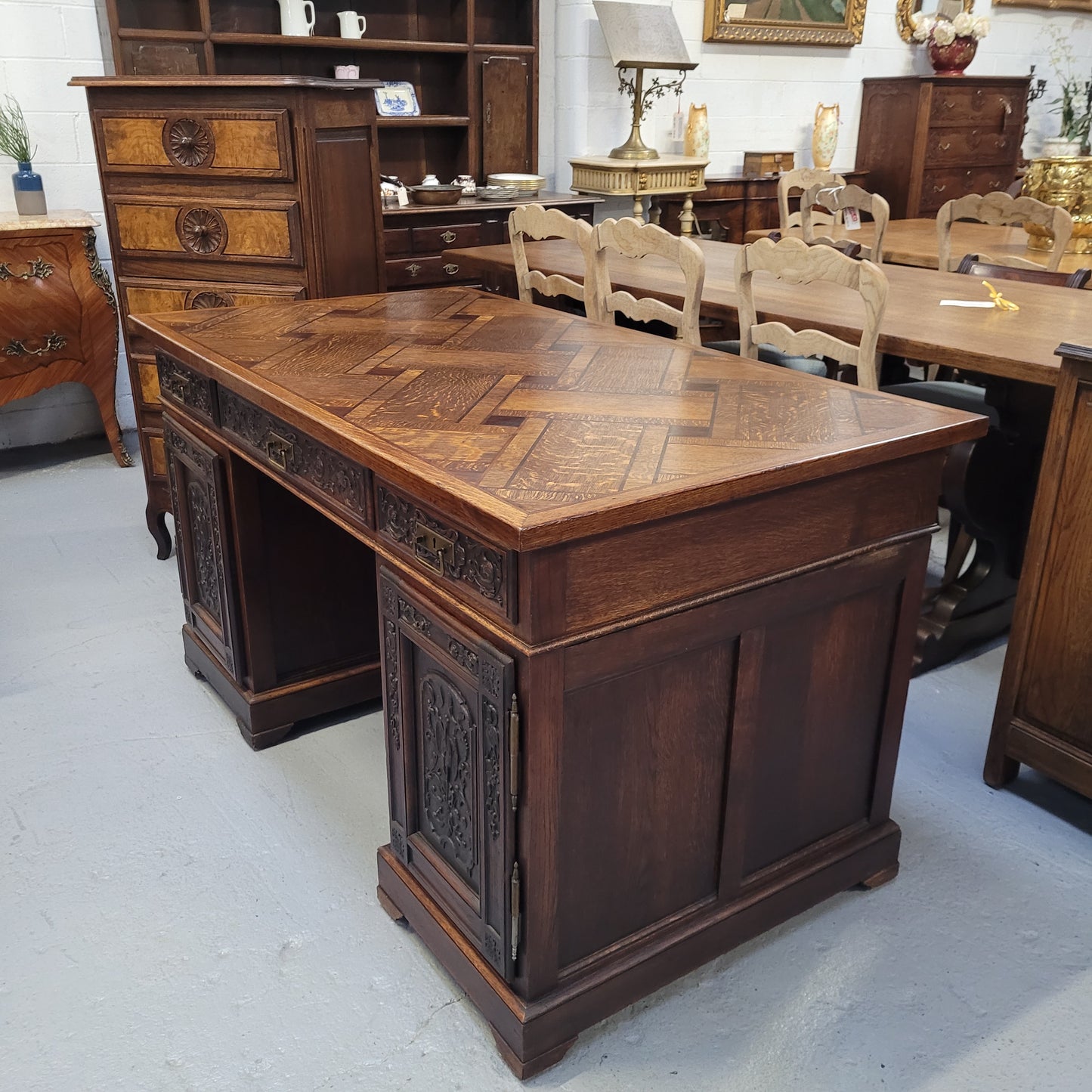 French Oak Gothic Style Parquetry Top Desk