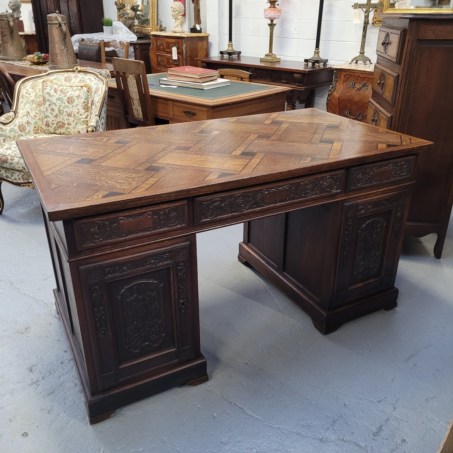 French Oak Gothic Style Parquetry Top Desk