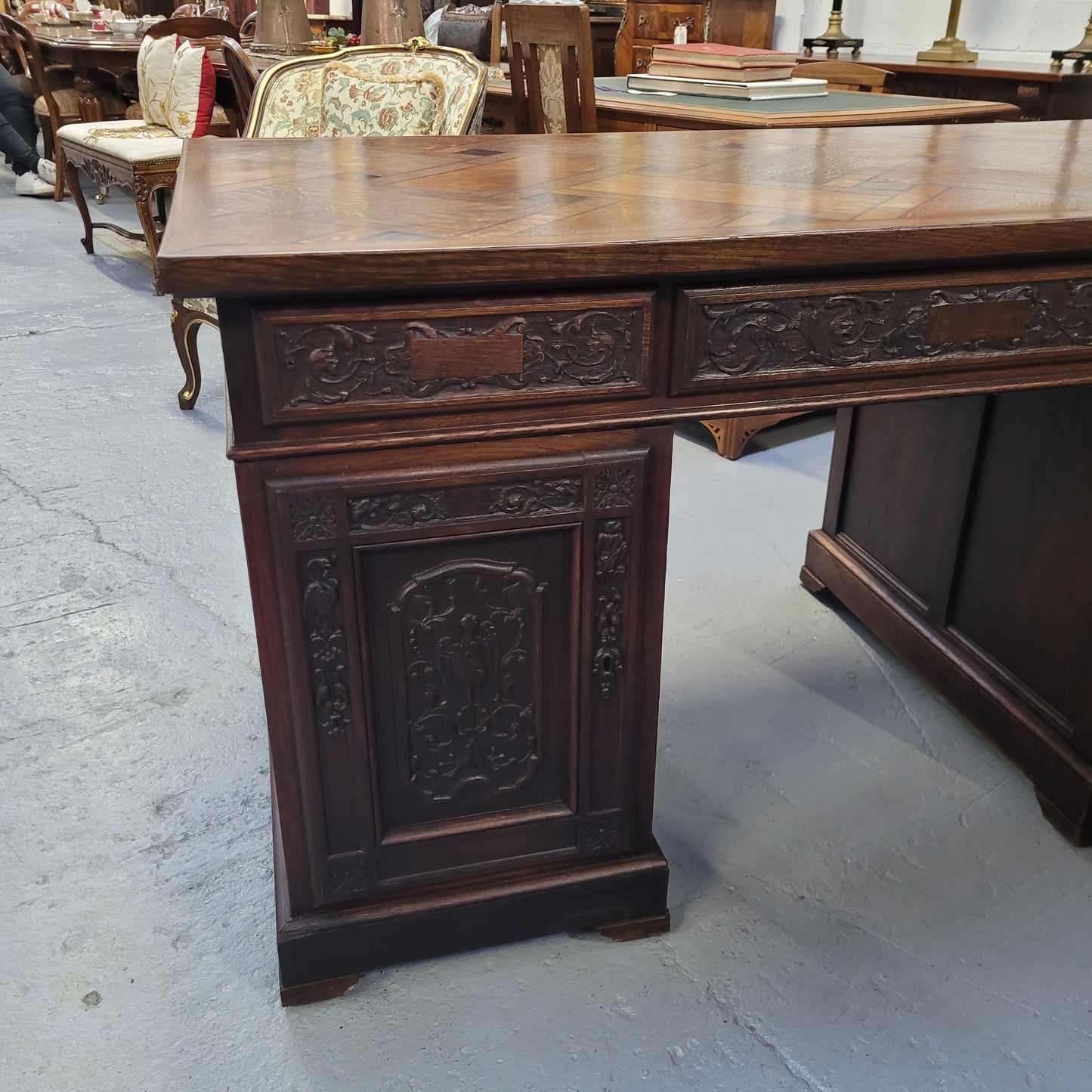 French Oak Gothic Style Parquetry Top Desk