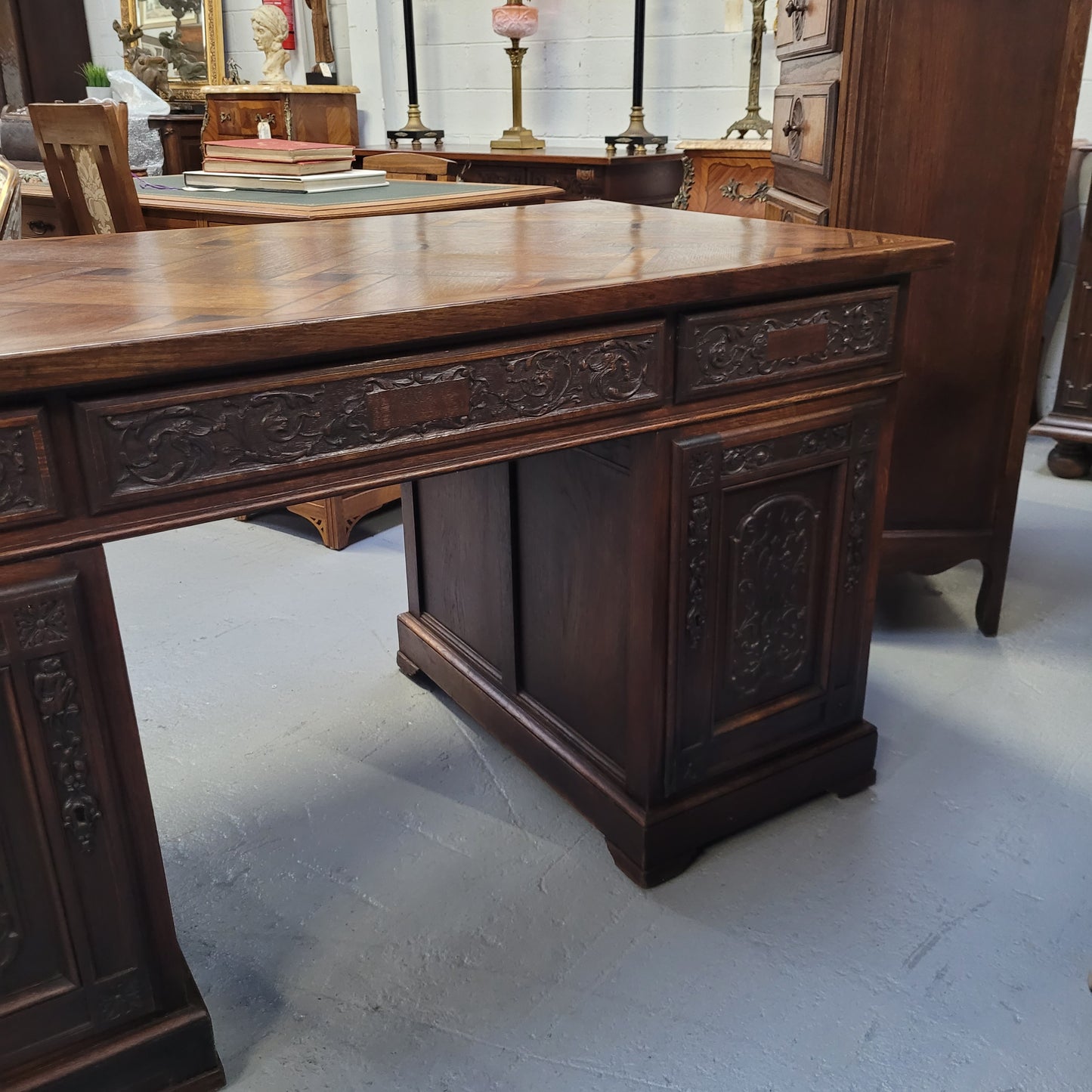 French Oak Gothic Style Parquetry Top Desk