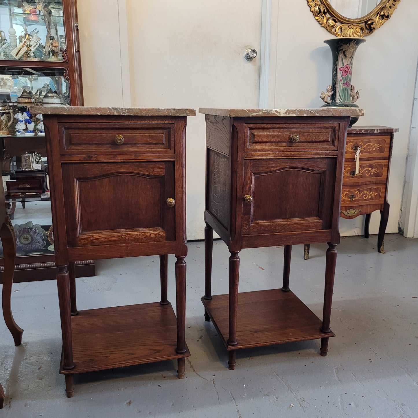 Pair of French Oak Louis XVI Style Marble Top Bedside Tables