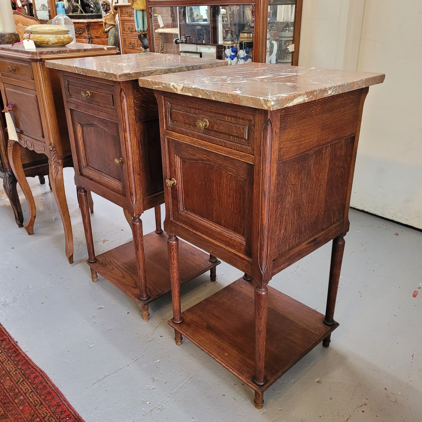 Pair of French Oak Louis XVI Style Marble Top Bedside Tables